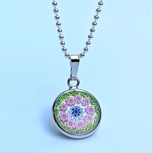 Italian Artisan Handcrafted Murano Millefiori Glass Pendant In Pink|Green